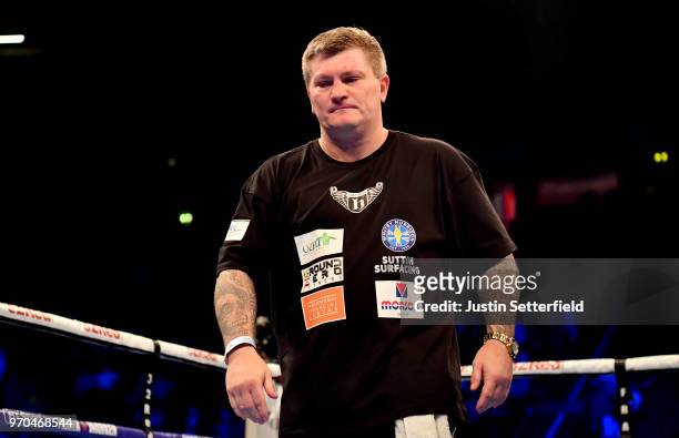 Ricky Hatton, trainer of Nathan Gorman looks on after Nathan Gorman and Sean Turner compete in a 10-round heavyweight contest at Manchester Arena on...