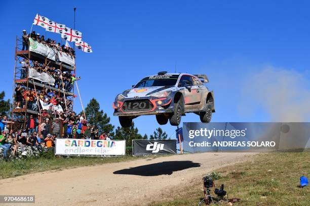 Belgian driver Thierry Neuville and compatriot co-driver Nicolas Gilsoul race their Hyundai i20 Coupe WRC during the Micky's Jumps at Monte Lerno, on...