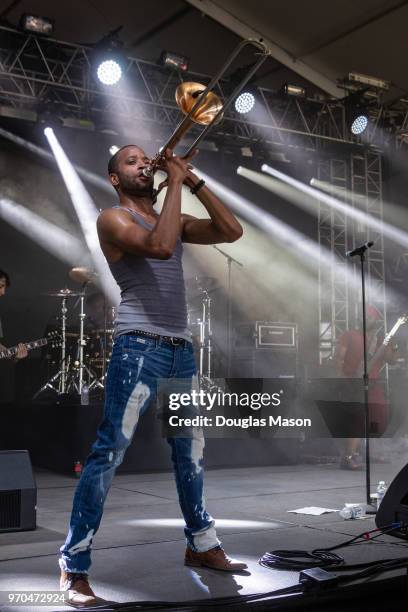 Troy "Trombone Shorty" Andrews and Orleans Avenue perform during the Bonnaroo Music and Arts Festival on June 8, 2018 in Manchester, Tennessee.