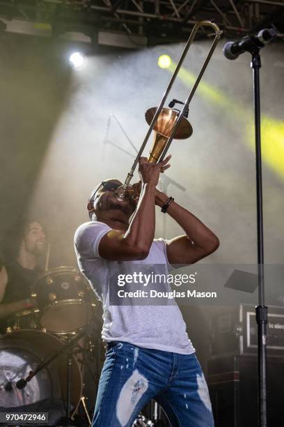 Troy "Trombone Shorty" Andrews and Orleans Avenue perform during the Bonnaroo Music and Arts Festival on June 8, 2018 in Manchester, Tennessee.