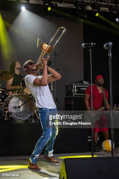 Troy "Trombone Shorty" Andrews and Orleans Avenue perform during the Bonnaroo Music and Arts Festival on June 8, 2018 in Manchester, Tennessee.