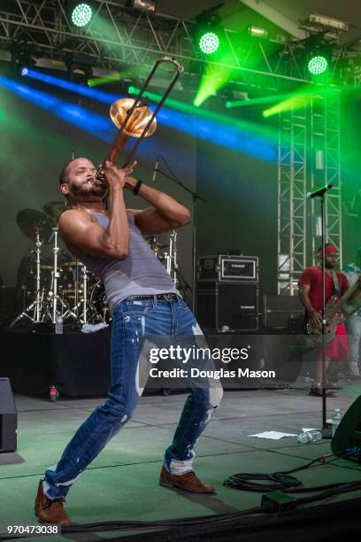 Troy "Trombone Shorty" Andrews and Orleans Avenue perform during the Bonnaroo Music and Arts Festival on June 8, 2018 in Manchester, Tennessee.