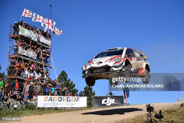 Finnish driver Jari-Matti Latvala and Finnish co-driver Miikka Anttila race their Toyota Yaris WR, during the Micky's Jumps at Monte Lerno, on the...
