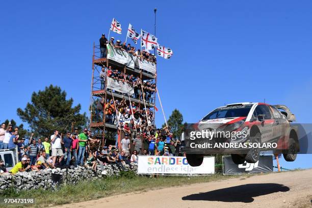 Finnish driver Esapekka Lappi and co-driver Janne Ferm drive their Toyota Yaris WRC, during the Micky's Jumps at Monte Lerno, on the third day of the...