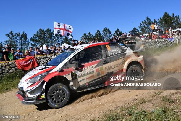 Finnish driver Esapekka Lappi and co-driver Janne Ferm drive their Toyota Yaris WRC, during the Micky's Jumps at Monte Lerno, on the third day of the...