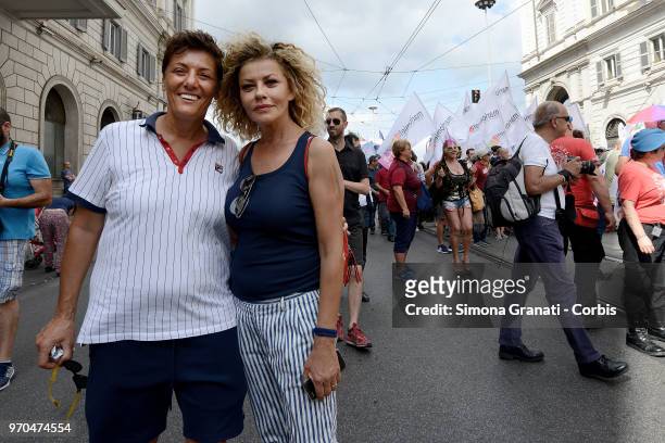 Imma Battaglia and Eva Grimaldi marches in a Gay Pride parade on June 9, 2018 in Rome, Italy.