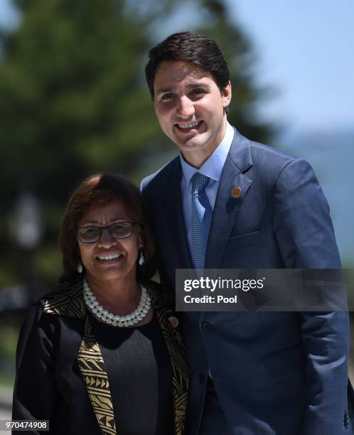 President of the Marshall Islands Hilda Heine meets Canada's Prime Minister Justin Trudeau at the G7 Outreach Official Welcome on day two of the G7...