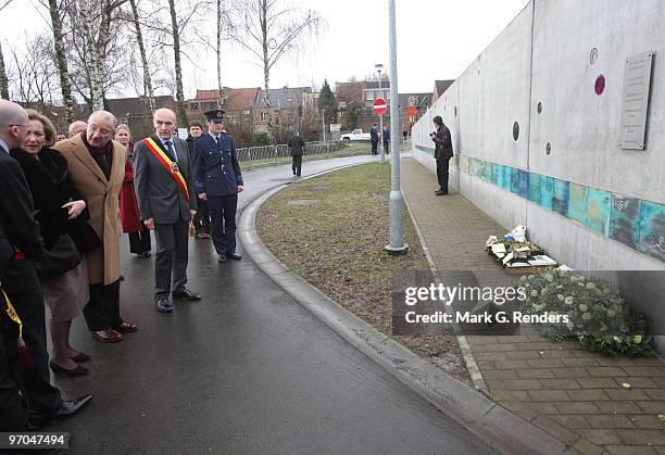 Queen Paola of Belgium and King Albert of Belgium visit a memorial monument commemorating the victims of babykiller Kim De Gelder at the baby care...