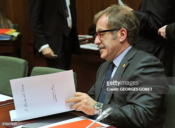 Italian minister of Interior Roberto Maroni sets up prior to an afternoon session of the Justice and Interiors Affairs first day council on February...