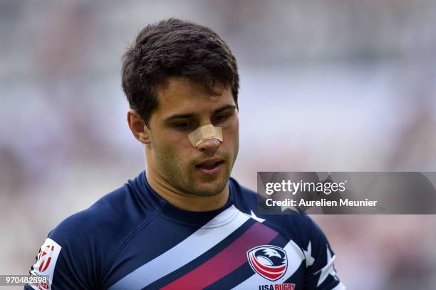 Madison Hughes of The United States Of America reacts during the match between England and the United States Of America at the HSBC Paris Sevens,...