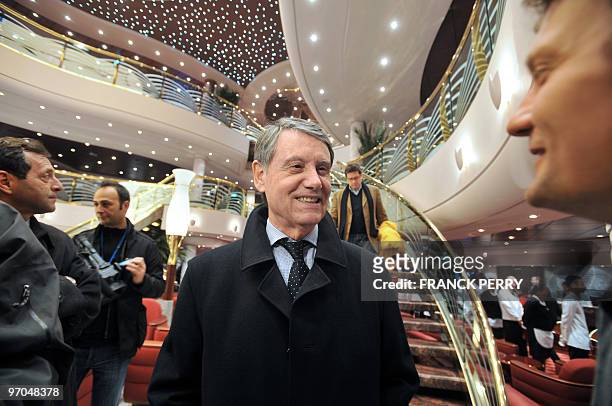Of Italian MSC cruises Gianluigi Aponte answers journalists' questions, on February 25, 2010 onboard his group's new cruise vessel, the Magnifica at...