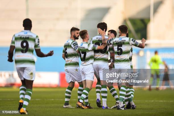 Dublin , Ireland - 9 June 2018; Sam Bone of Shamrock Rovers is congratulated by team mates after scoring his side's second goal during the SSE...