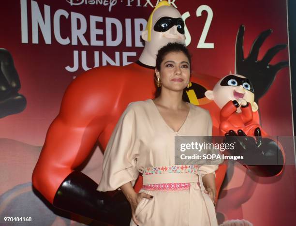Indian film actress Kajol meets the press during the trailer launch of Disney's Hindi version of film "Incredibles 2" at Juhu PVR in Mumbai.
