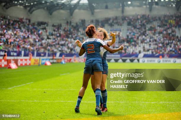 France's Anne Cecile Ciofani and France's Caroline Drouin celbrate during the quarter-final of the Women's tournament of 2018 Rugby World Cup Sevens...