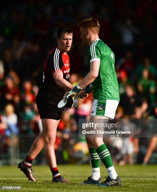 Limerick , Ireland - 9 June 2018; Cillian O'Connor of Mayo exchanges a handshake with Limerick goalkeeper Donal O'Sullivan after the GAA Football...