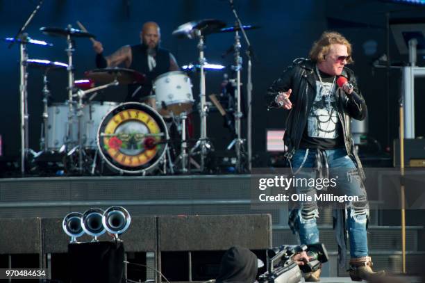 Frank Ferrer and Axl Rose of Guns N Roses perform onstage on Day 2 of the Download Festival at Donington Park on June 9, 2018 in Donington, England.