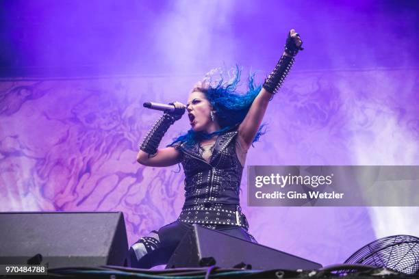 Canadian singer Alissa White-Gluz of the swedish band Arch Enemy performs live on stage during Day 2 of the Greenfield Festival on June 8, 2018 in...