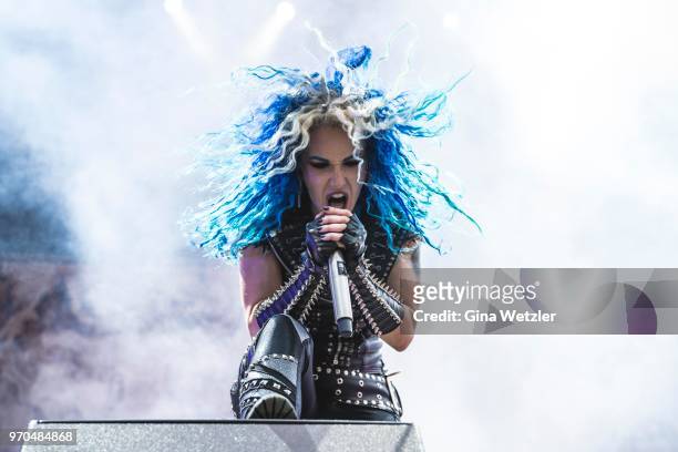 Canadian singer Alissa White-Gluz of the swedish band Arch Enemy performs live on stage during Day 2 of the Greenfield Festival on June 8, 2018 in...
