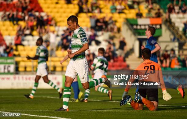 Dublin , Ireland - 9 June 2018; Graham Burke of Shamrock Rovers celebrates after scoring his side's third goal during the SSE Airtricity League...