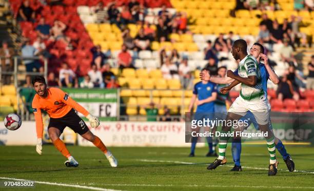 Dublin , Ireland - 9 June 2018; Dan Carr of Shamrock Rovers scores his side's fourth goal during the SSE Airtricity League Premier Division match...