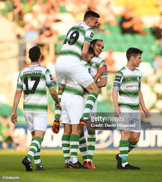 Dublin , Ireland - 9 June 2018; David McAllister of Shamrock Rovers is congratulated by team mates after scoring his side's fifth goal during the SSE...