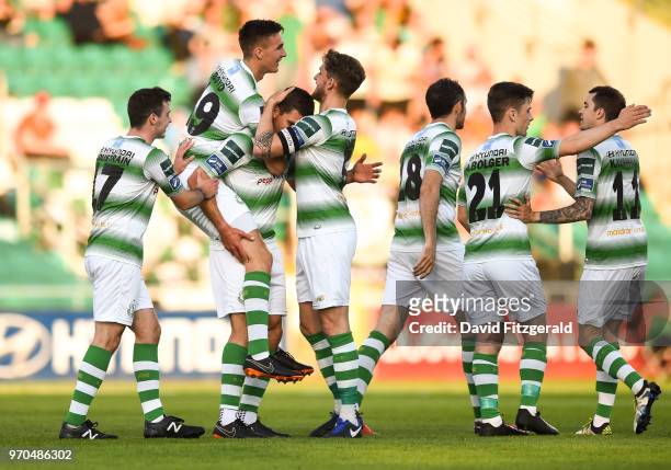 Dublin , Ireland - 9 June 2018; David McAllister of Shamrock Rovers is congratulated by team mates after scoring his side's fifth goal during the SSE...