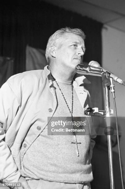 The Rev. Philip Berrigan talks to supporters and newsmen at the Danbury restaurant and ballroom after his release from federal prison. The Josephite...