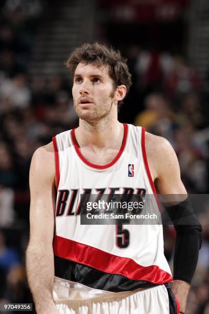 Rudy Fernandez of the Portland Trail Blazers looks on during the game against the San Antonio Spurs at The Rose Garden on February 4, 2010 in...