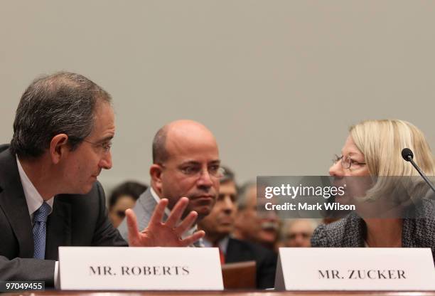 Brian Roberts chairman and CEO of the Comcast Corporation and Jeff Zucker president and CEO of NBC Universal, talk with Jean Prewitt , of the...