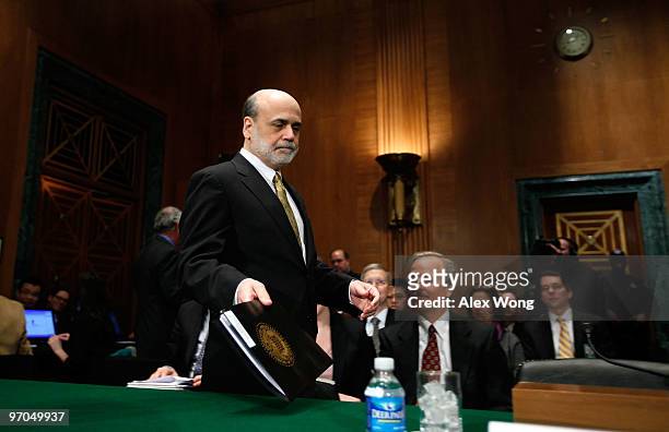Federal Reserve Board Chairman Ben Bernanke arrives at a hearing before the House Banking Committee February 25, 2010 on Capitol Hill in Washington,...
