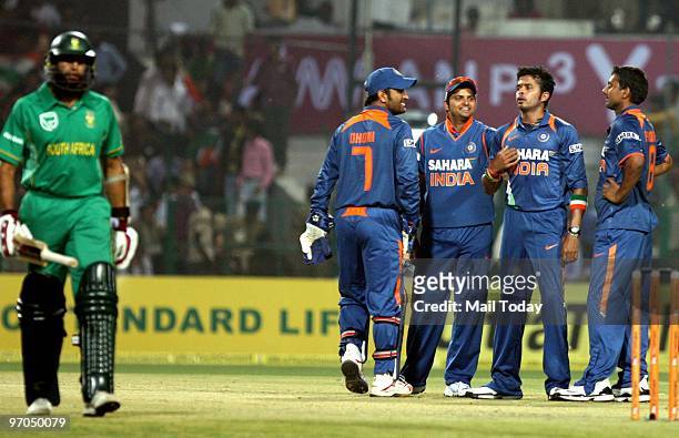 Sreesanth celebrates the dismissal of Hashim Amla with his team at the Gwalior ODI against South Africa in Gwalior on Wednesday, February 24, 2010.