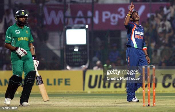 Sreesanth celebrates the dismissal of Hashim Amla at the Gwalior ODI against South Africa in Gwalior on Wednesday, February 24, 2010.