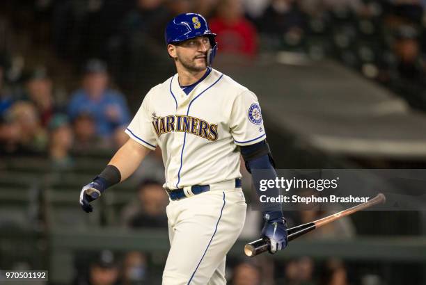 Mike Zunino of the Seattle Mariners walks off the field after striking out during a game against the Tampa Bay Rays at Safeco Field on June 3, 2018...