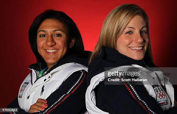 Elana Meyers and Erin Pac, bronze medal-winning bobsleighers of the United States, pose in the NBC Today Show Studio at Grouse Mountain on February...