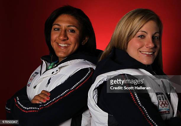 Elana Meyers and Erin Pac, bronze medal-winning bobsleighers of the United States, pose in the NBC Today Show Studio at Grouse Mountain on February...