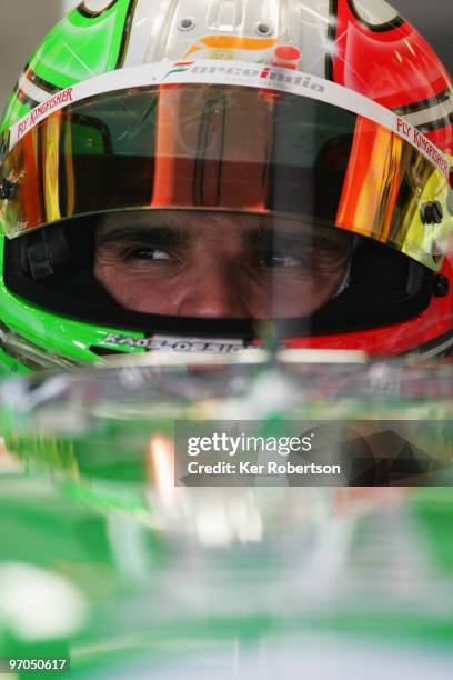 Vitantonio Liuzzi of Italy and Force India prepares to drive during Formula One winter testing at the Circuit De Catalunya on February 25, 2010 in...