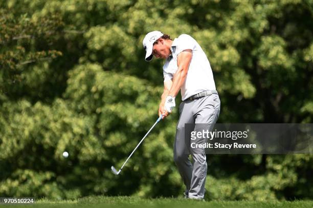 Maverick McNealy hits his tee shot on the third hole during the third round of the Rust-Oleum Championship at the Ivanhoe Club on June 9, 2018 in...