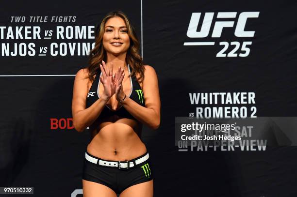 Octagon Girl Arianny Celeste stands on stage during the UFC 225 weigh-in at the United Center on June 8, 2018 in Chicago, Illinois.