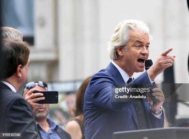 Dutch right-wing 'Partij voor de Vrijheid' leader Geert Wilders delivers a speech at a rally in support of British far-right activist Tommy Robinson,...