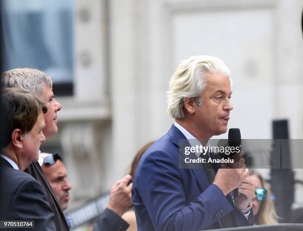 Dutch right-wing 'Partij voor de Vrijheid' leader Geert Wilders delivers a speech at a rally in support of British far-right activist Tommy Robinson,...