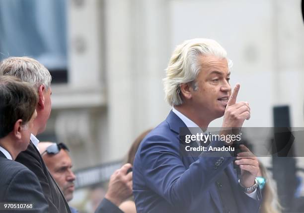 Dutch right-wing 'Partij voor de Vrijheid' leader Geert Wilders delivers a speech at a rally in support of British far-right activist Tommy Robinson,...