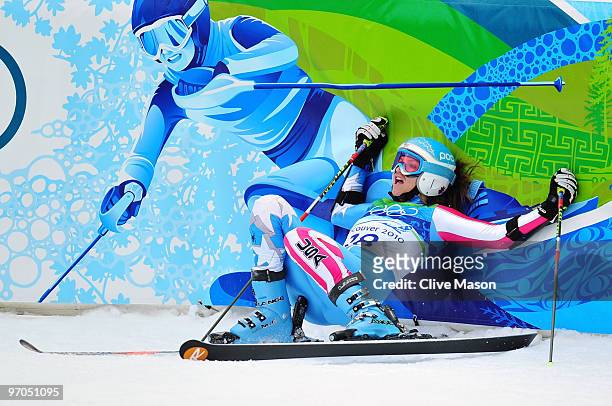 Julia Mancuso of the United States reacts as she competes during the Ladies Giant Slalom second run on day 14 of the Vancouver 2010 Winter Olympics...