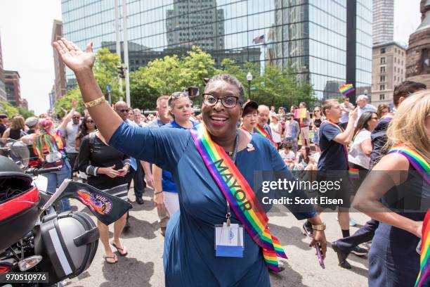 Yvonne M. Spicer, mayor of Framingham, Massachusetts marches alongside dozens of mayors from around the country during the 2018 Boston Pride Parade...