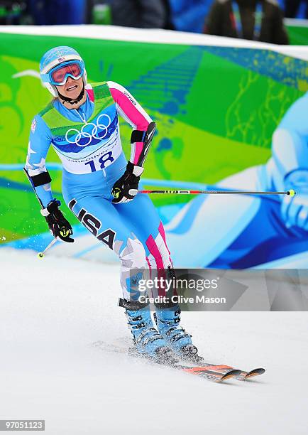 Julia Mancuso of the United States reacts as she competes during the Ladies Giant Slalom second run on day 14 of the Vancouver 2010 Winter Olympics...