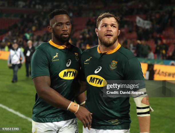 Siya Kolisi, the first non white South Africa Springbok captain celebrates with team mate Duane Vermeulen after their victory during the first test...