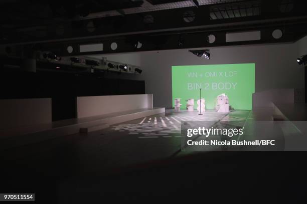 General view of the runway ahead of the VIN + OMI press launch during London Fashion Week Men's June 2018 at 180 The Strand on June 9, 2018 in...