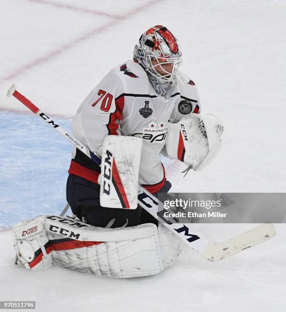 Braden Holtby of the Washington Capitals blocks a Vegas Golden Knights' shot in the third period of Game Five of the 2018 NHL Stanley Cup Final at...