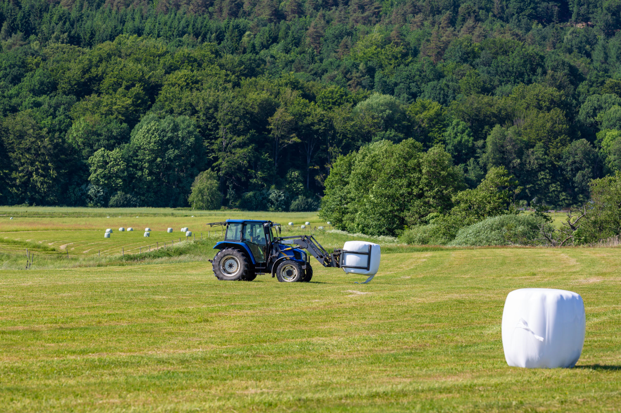 Tractor picking up silage ball Tractor picking up silage ball