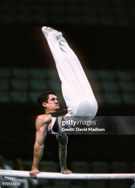 John Roethlisberger of the United States performs on the parallel bars during the Budget Rent A Car Invitational Gymnastics Meet held on July 17,...