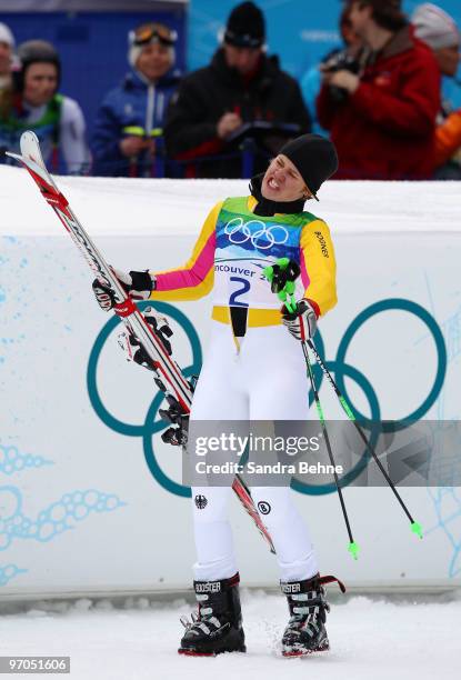 Viktoria Rebensburg of Germany reacts as she competes during the Ladies Giant Slalom second run on day 14 of the Vancouver 2010 Winter Olympics at...